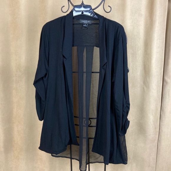 August Silk Woman Cardigan, Sheer Back, Black, 3/4 Ruched Sleeves, Size 1X - Picture 11 of 16